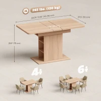 HOMCOM Extendable Dining Table for 4-6 People, 43.3"-51.2" Kitchen Table with 6 Open Shelves, Natural Wood(m-3)