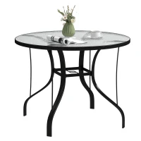 Outsunny 38" Round Patio Table with Umbrella Hole, Tempered Glass Outdoor Dining Table, Black(m-11)