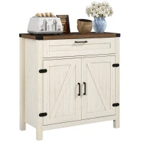 HOMCOM Modern Farmhouse Sideboard with Storage, Buffet Cabinet with 2 Barn Doors and Drawer for Dining Room, Distressed White(m-1)