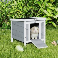 PawHut Small Wooden Rabbit Hutch Bunny Cage Guinea Pig Cage Duck House Dog House with Openable & Waterproof Roof, for Rabbits, Chickens, Ducks, Gray(m-10)