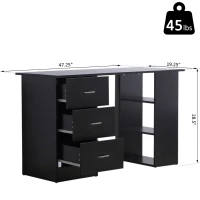 HOMCOM 47" Home Office Computer Desk Bookcase Combo, Writing Table Workstation with 3 Drawer and Storage Shelf - Black(m-3)