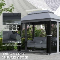 Outsunny 3-Seat Patio Swing Chair, Outdoor Gazebo Swing with Double Tier Canopy, Mesh Sidewalls, Cushioned Seat and Pillows, Gray(m-7)
