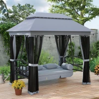 Outsunny 3-Seat Patio Swing Chair, Outdoor Gazebo Swing with Double Tier Canopy, Mesh Sidewalls, Cushioned Seat and Pillows, Gray(m-2)