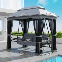 Outsunny 3-Seat Patio Swing Chair, Outdoor Gazebo Swing with Double Tier Canopy, Mesh Sidewalls, Cushioned Seat and Pillows, Gray(m-3)
