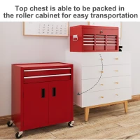 HOMCOM 6-Drawer Rolling Tool Chest, 2 in 1 Lockable Storage Cabinet with Hooks, Metal Tool Box for Garage, Workshop, Red(m-7)