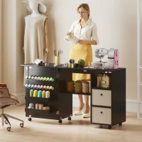 HOMCOM Rolling Sewing Machine Table with Power Outlet, Folding Craft Table with 2 Fabric Drawers, 2 Bins and 18 Pegs, Black(m-8)