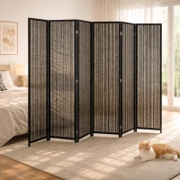 HOMCOM Folding Privacy Screen, 6 Panel Room Divider, Freestanding Partition with Handwoven Bamboo and Pine Wood Frame, Black(m-9)