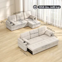 HOMCOM Convertible Sectional Sofa Bed, Pull Out Sleeper Sofa Couch with USB‑A+C, Chaise Storage, L-Shaped Futon Couch, Beige(m-3)