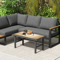 Outsunny Outdoor Side Table with SPC Woodgrain Tabletop, Metal Patio Coffee Table for Outside Garden, Brown(m-10)