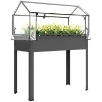 Outsunny Elevated Garden Box with Greenhouse Cover, Raised Garden Bed with Legs and Drainage Hole for Vegetables, Dark Gray(m-11)