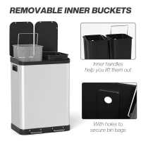 HOMCOM Kitchen Garbage Bin, 2 x 7.9 Gal (2 x 30 L) Trash Can, Soft-Close Garbage Can with Removable Inner Buckets, Silver(m-5)