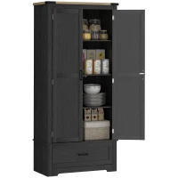 HOMCOM 69" Tall Farmhouse Kitchen Pantry Cabinet with 2 Doors, Drawer and Adjustable Shelves, Black and Brown(m-11)