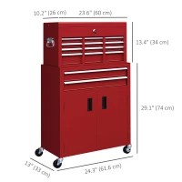 HOMCOM 6-Drawer Rolling Tool Chest, 2 in 1 Lockable Storage Cabinet with Hooks, Metal Tool Box for Garage, Workshop, Red(m-3)
