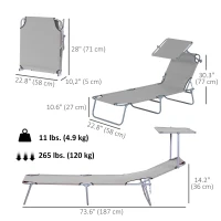 Outsunny Outdoor Lounge Chair, Adjustable Folding Chaise Lounge, Tanning Chair with Sun Shade for Beach, Camping, Hiking, Backyard, Light Grey(m-3)