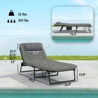 Outsunny Folding Chaise Lounge Pool Chair with 4-level Reclining Back, Cushion, Side Pocket, Headrest, Gray(m-3)
