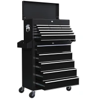 HOMCOM 14 Drawer Rolling Tool Chest, Lockable Tool Storage Cabinet with Detachable Top Toolbox, Protective Liner, Black(m-2)