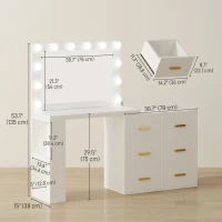 HOMCOM Vanity Desk with Mirror and 12 LED Lights, Makeup Table w/ Power Outlet, 3 Light Colour, 6 Drawers and 2 Shelves, White(m-3)