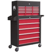 HOMCOM 14 Drawer Rolling Tool Chest, Lockable Tool Storage Cabinet with Detachable Top Toolbox, Protective Liner, Red(m-11)