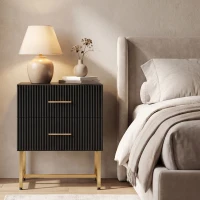 HOMCOM 2 Pieces Nightstands with Storage, Modern Bedside Tables with 2 Fluted Drawers and Gold Legs for Bedroom, Black(m-10)