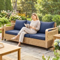 Outsunny Rattan Wicker Sofa 3-Seater Outdoor Patio Sofa with Cushions for Garden Backyard Porch Dark Blue(m-2)