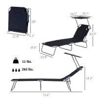 Outsunny Outdoor Pool Chaise Lounge Chair, Folding Tanning Chair with Sun Shade, Black(m-3)