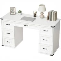 HOMCOM 55" Computer Desk with 7 Drawers, Farmhouse Executive Desk for Home Office, Study, Bedroom, White Wood Grain(m-2)