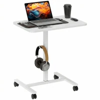 HOMCOM Height Adjustable Standing Desk, Pneumatic Sit Stand Desk with Wheels and Headphone Hook, White Wood Grain(m-2)