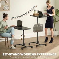 HOMCOM Height Adjustable Standing Desk, Pneumatic Sit Stand Desk with Wheels and Headphone Hook, Black Wood Grain(m-4)