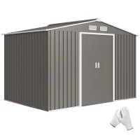 Outsunny 9' x 6' Outdoor Storage Shed, Garden Tool Metal Shed with Foundation Kit, Light Gray(m-11)