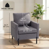 HOMCOM Accent Chair Modern Upholstered Armchair with Side Pockets and Cushion for Bedroom, Living Room, Dark Grey(m-3)