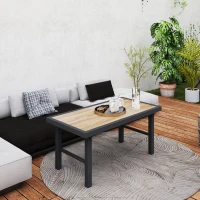 Outsunny Outdoor Side Table with SPC Woodgrain Tabletop, Metal Patio Coffee Table for Outside Garden, Brown(m-9)