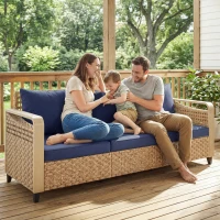 Outsunny Rattan Wicker Sofa 3-Seater Outdoor Patio Sofa with Cushions for Garden Backyard Porch Dark Blue(m-9)
