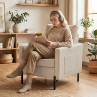 HOMCOM Accent Chair Modern Upholstered Armchair with Side Pockets and Cushion for Bedroom, Living Room, Beige(m-7)