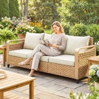 Outsunny Rattan Wicker Sofa 3-Seater Outdoor Patio Sofa with Cushions for Garden Backyard Porch Beige(m-2)