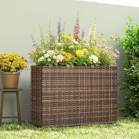 Outsunny Tall Rectangular Planter with Removable Liner, Holes, PE Wicker Large Planter Box for Indoor Outdoor Plants, Brown(m-8)