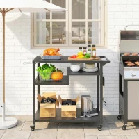 Outsunny Outdoor Grill Cart, BBQ Stand, Three-Shelf Pizza Oven Stand with Hooks, Garbage Bag Holder, Wheels, Black(m-8)