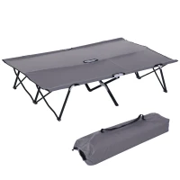Outsunny 76" Two Person Folding Camping Cot Outdoor Portable Double Cot Wide Military Sleeping Bed w/ Carrying Bag Grey(m-2)