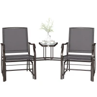 Outsunny Double Patio Glider Chair with Glass Top Center Table, Outdoor Glider Loveseat with High Back,  All Weather Breathable Mesh Fabric for Garden, Backyard, Deck, Grey(m-14)