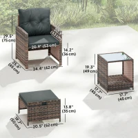 Outsunny 5 Piece Patio Furniture Set, Wicker Patio Chairs with Ottomans, 2-Tier Glass Coffee Table and Cushions, Brown/Dark Grey(m-3)