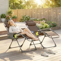 Outsunny Zero Gravity Chair Set of 2, Folding Reclining Outdoor Lounge Chair with Cup Holder, Headrest, Brown(m-1)