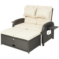 Outsunny Patio Rattan Daybed, Wicker Outdoor Daybed with Storage Ottoman, Loveseat with Adjustable Backrest, Side Tables, Beige(m-1)