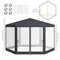Outsunny Φ13' Hexagon Party Tent Patio Gazebo Outdoor Activity Event Canopy Quick Sun Shelter Pavilion with Netting Mesh Sidewall, Dark Grey(m-3)