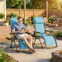 Outsunny Zero Gravity Chair Set of 2, Folding Reclining Outdoor Lounge Chair with Cup Holder, Headrest, Sky Blue(m-8)