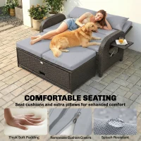 Outsunny Patio Rattan Daybed, Wicker Outdoor Daybed with Storage Ottoman, Loveseat w/ Adjustable Backrest, Side Tables, Gray(m-6)