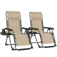 Outsunny Zero Gravity Chair Set of 2, Folding Reclining Outdoor Lounge Chair with Cup Holder, Headrest, Light Brown(m-11)