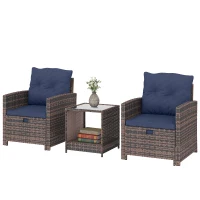 Outsunny 5 Piece Patio Furniture Set, Wicker Patio Chairs with Ottomans, 2-Tier Glass Coffee Table and Cushions, Brown/Dark Blue(m-2)