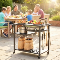 Outsunny Outdoor Grill Cart, BBQ Stand, Three-Shelf Pizza Oven Stand with Hooks, Garbage Bag Holder, Wheels, Black