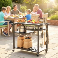 Outsunny Outdoor Grill Cart, BBQ Stand, Three-Shelf Pizza Oven Stand with Hooks, Garbage Bag Holder, Wheels, Black(m-1)