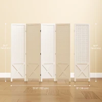 HOMCOM 56.9" 4 Panel Wooden Room Divider with Pegboard Display, Folding Privacy Screen for Home Office, White(m-3)