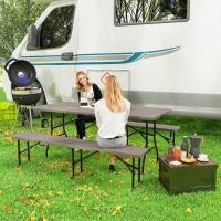 Outsunny 6FT 3PCS Faux Rattan Outdoor Camping Table Bench Set with Carrying Handles, Folding Picnic Table with 2 Benches, Brown(m-1)